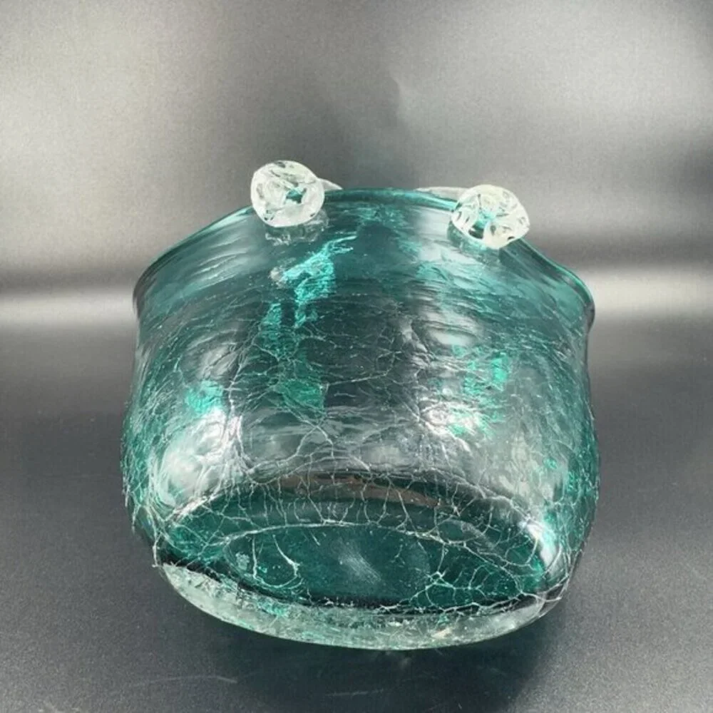 Hand Blown Green Crackle Glass Purse Shape Vase Glassware Decor‎ Clear Handles